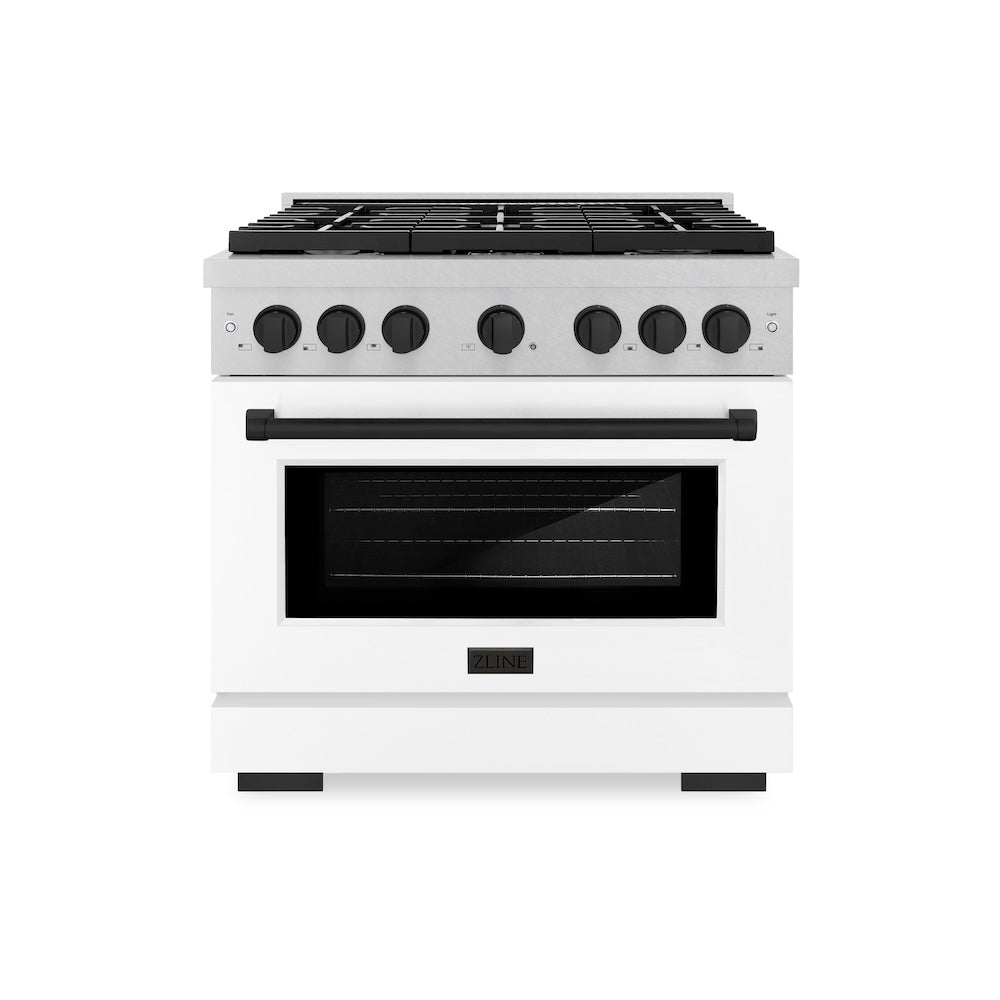 AutographEdition 36 in. 5.2 cu. ft. 6 Burner Gas Range with Convection Gas Oven in DuraSnow Stainless Steel with White Matte Door and Matte Black Accents - (SGRSZWM36MB) -