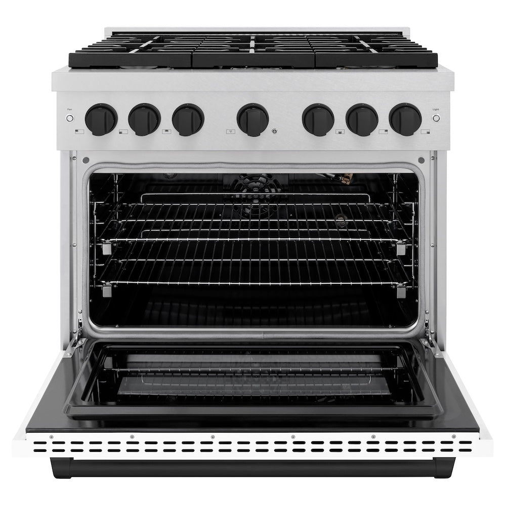 AutographEdition 36 in. 5.2 cu. ft. 6 Burner Gas Range with Convection Gas Oven in DuraSnow Stainless Steel with White Matte Door and Matte Black Accents - (SGRSZWM36MB) -