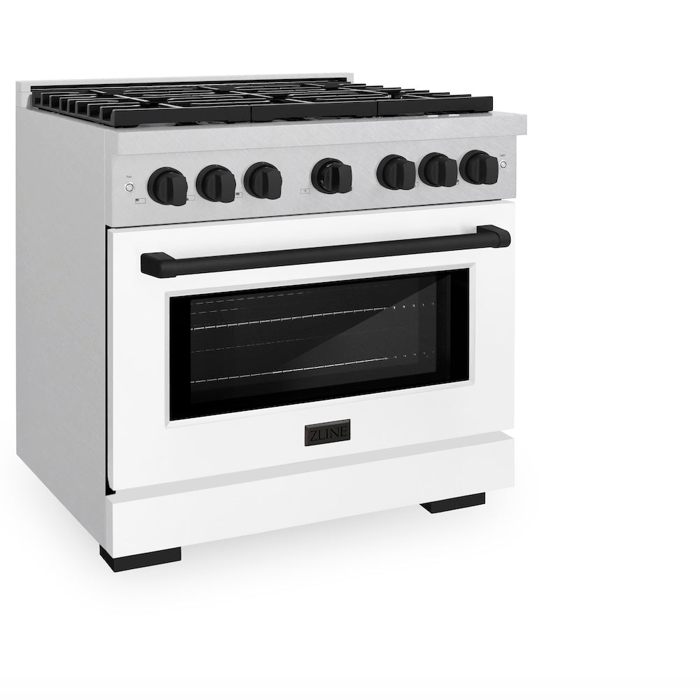 AutographEdition 36 in. 5.2 cu. ft. 6 Burner Gas Range with Convection Gas Oven in DuraSnow Stainless Steel with White Matte Door and Matte Black Accents - (SGRSZWM36MB) -