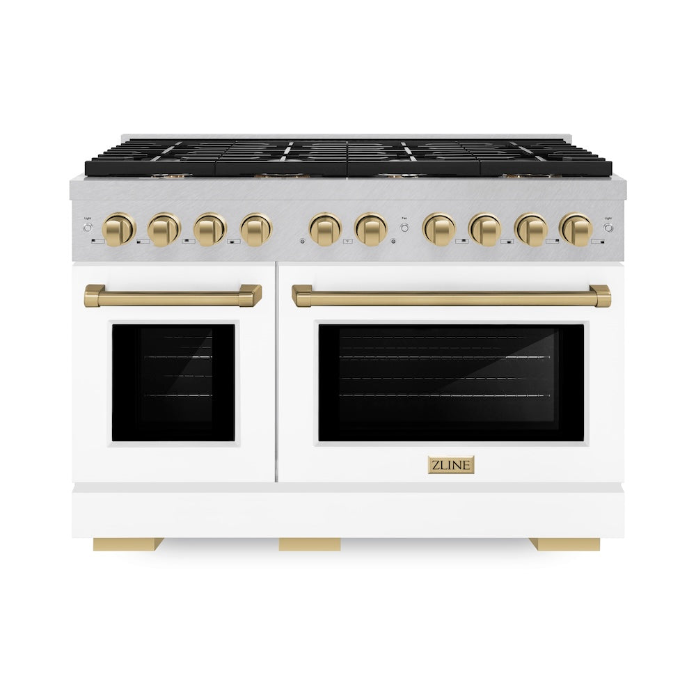 AutographEdition 48 in. 6.7 cu. ft. 8 Burner Double Oven Gas Range in DuraSnow Stainless Steel with White Matte Doors and Champagne Bronze Accents - (SGRSZWM48CB) -
