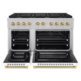 AutographEdition 48 in. 6.7 cu. ft. 8 Burner Double Oven Gas Range in DuraSnow Stainless Steel with White Matte Doors and Champagne Bronze Accents - (SGRSZWM48CB) -