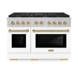 AutographEdition 48 in. 6.7 cu. ft. 8 Burner Double Oven Gas Range in DuraSnow Stainless Steel with White Matte Doors and Champagne Bronze Accents - (SGRSZWM48CB) -