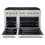 AutographEdition 48 in. 6.7 cu. ft. 8 Burner Double Oven Gas Range in DuraSnow Stainless Steel with White Matte Doors and Polished Gold Accents - (SGRSZWM48G) -