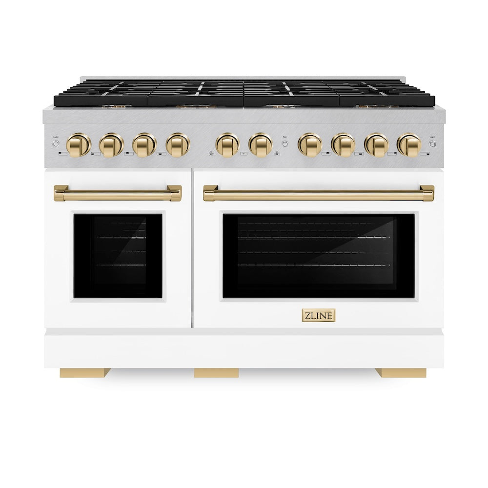 AutographEdition 48 in. 6.7 cu. ft. 8 Burner Double Oven Gas Range in DuraSnow Stainless Steel with White Matte Doors and Polished Gold Accents - (SGRSZWM48G) -