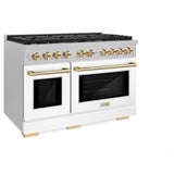 AutographEdition 48 in. 6.7 cu. ft. 8 Burner Double Oven Gas Range in DuraSnow Stainless Steel with White Matte Doors and Polished Gold Accents - (SGRSZWM48G) -