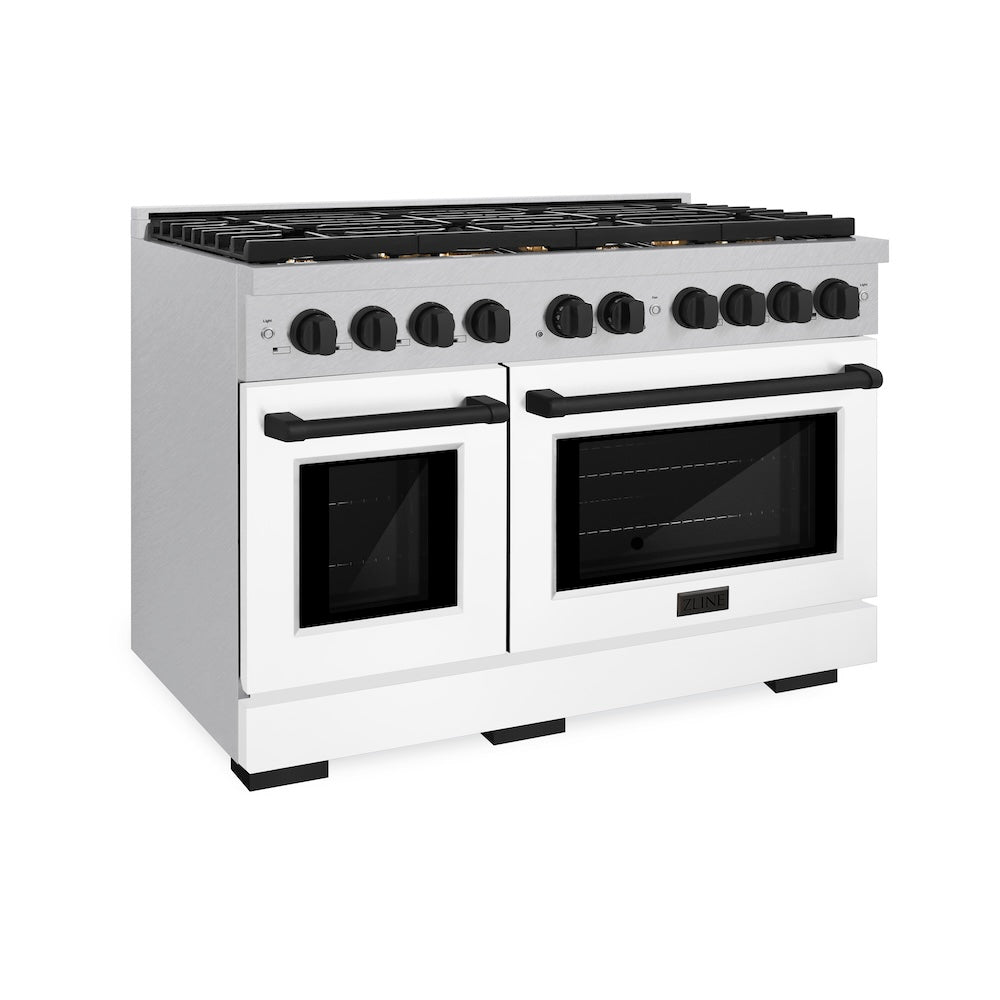 AutographEdition 48 in. 6.7 cu. ft. 8 Burner Double Oven Gas Range in DuraSnow Stainless Steel with White Matte Doors and Matte Black Accents - (SGRSZWM48MB) -