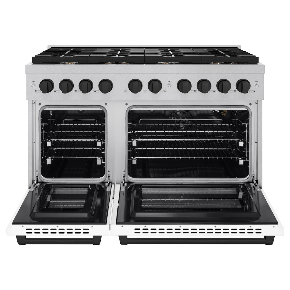 AutographEdition 48 in. 6.7 cu. ft. 8 Burner Double Oven Gas Range in DuraSnow Stainless Steel with White Matte Doors and Matte Black Accents - (SGRSZWM48MB) -