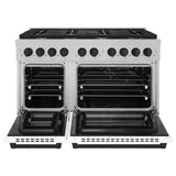 AutographEdition 48 in. 6.7 cu. ft. 8 Burner Double Oven Gas Range in DuraSnow Stainless Steel with White Matte Doors and Matte Black Accents - (SGRSZWM48MB) -