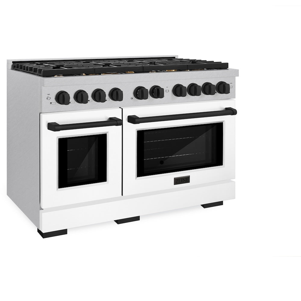 AutographEdition 48 in. 6.7 cu. ft. 8 Burner Double Oven Gas Range in DuraSnow Stainless Steel with White Matte Doors and Matte Black Accents - (SGRSZWM48MB) -