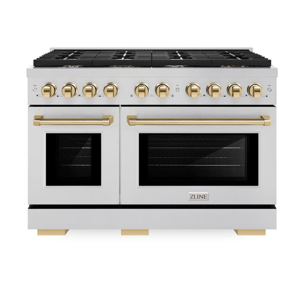 AutographEdition 48 in. 6.7 cu. ft. 8 Burner Double Oven Gas Range in Stainless Steel and Polished Gold Accents - (SGRZ48G) -