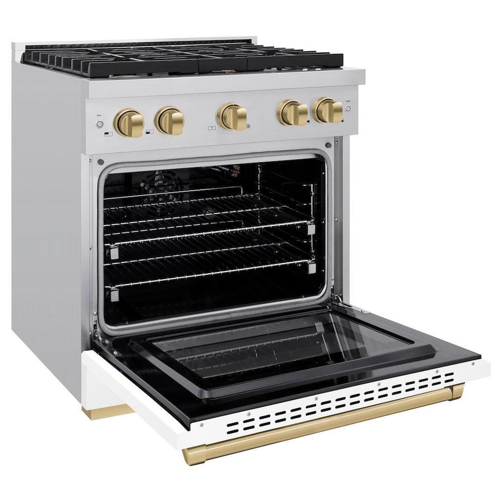 AutographEdition 30 in. 4.2 cu. ft. 4 Burner Gas Range with Convection Gas Oven in Stainless Steel with White Matte Door and Champagne Bronze Accents - (SGRZWM30CB) -