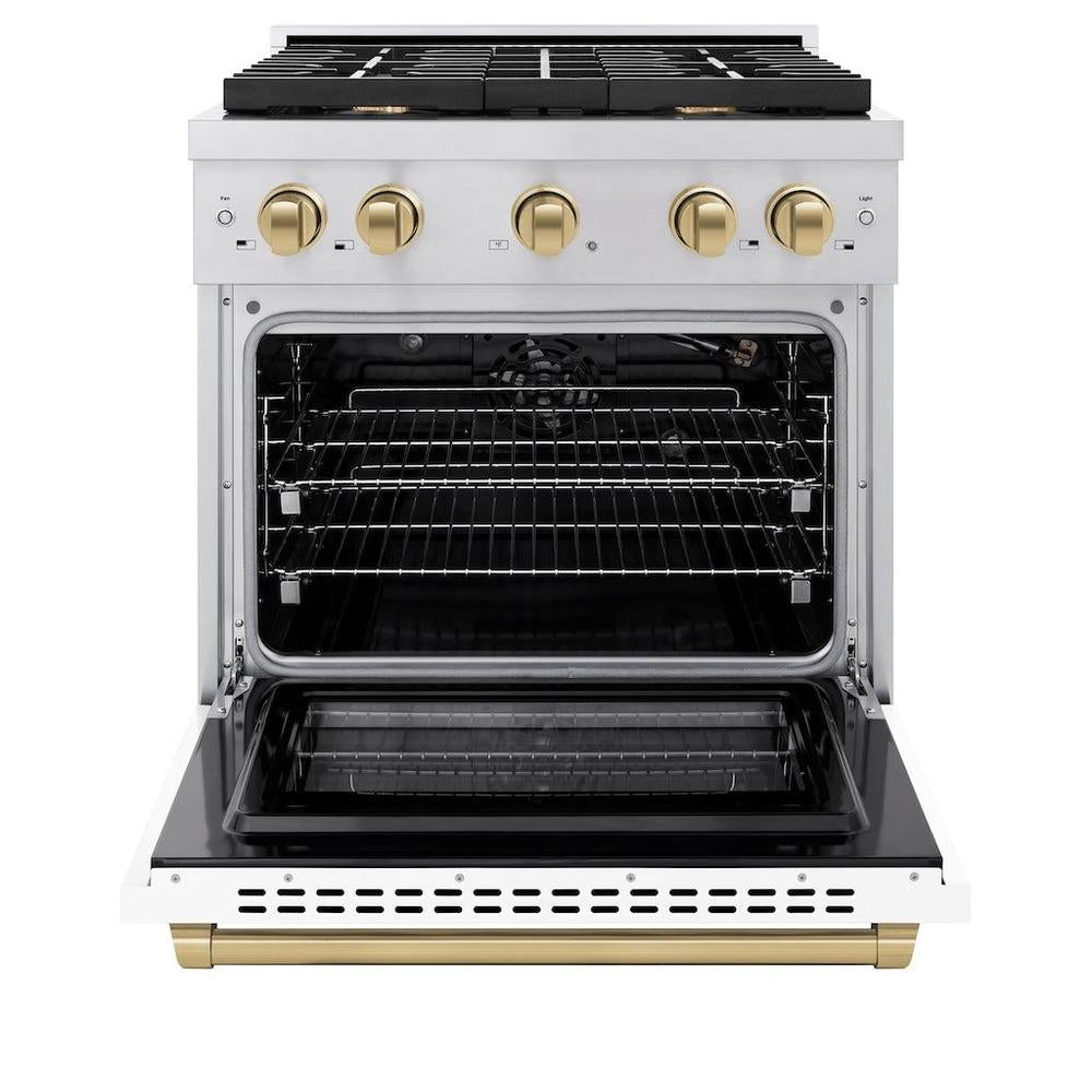 AutographEdition 30 in. 4.2 cu. ft. 4 Burner Gas Range with Convection Gas Oven in Stainless Steel with White Matte Door and Champagne Bronze Accents - (SGRZWM30CB) -