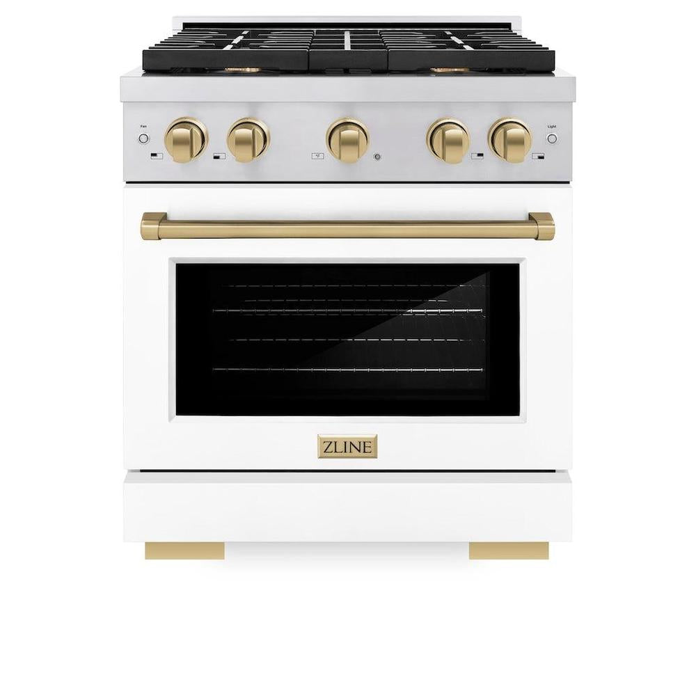 AutographEdition 30 in. 4.2 cu. ft. 4 Burner Gas Range with Convection Gas Oven in Stainless Steel with White Matte Door and Champagne Bronze Accents - (SGRZWM30CB) -