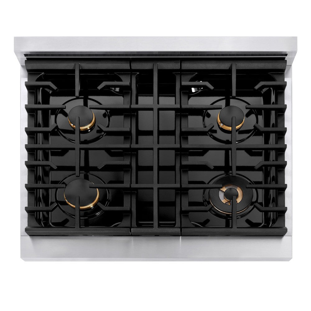 AutographEdition 30 in. 4.2 cu. ft. 4 Burner Gas Range with Convection Gas Oven in Stainless Steel with White Matte Door and Champagne Bronze Accents - (SGRZWM30CB) -