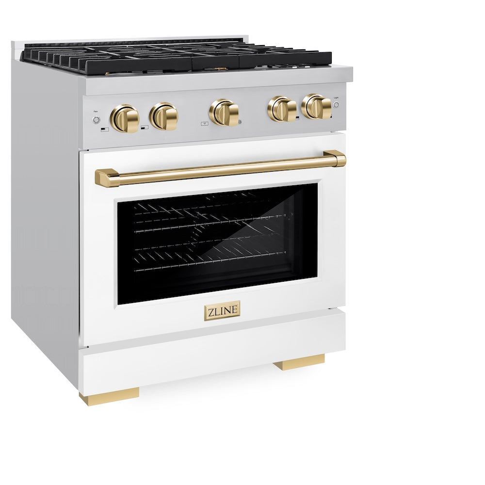 AutographEdition 30 in. 4.2 cu. ft. 4 Burner Gas Range with Convection Gas Oven in Stainless Steel with White Matte Door and Polished Gold Accents - (SGRZWM30G) -