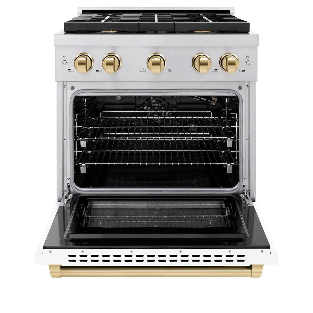 AutographEdition 30 in. 4.2 cu. ft. 4 Burner Gas Range with Convection Gas Oven in Stainless Steel with White Matte Door and Polished Gold Accents - (SGRZWM30G) -