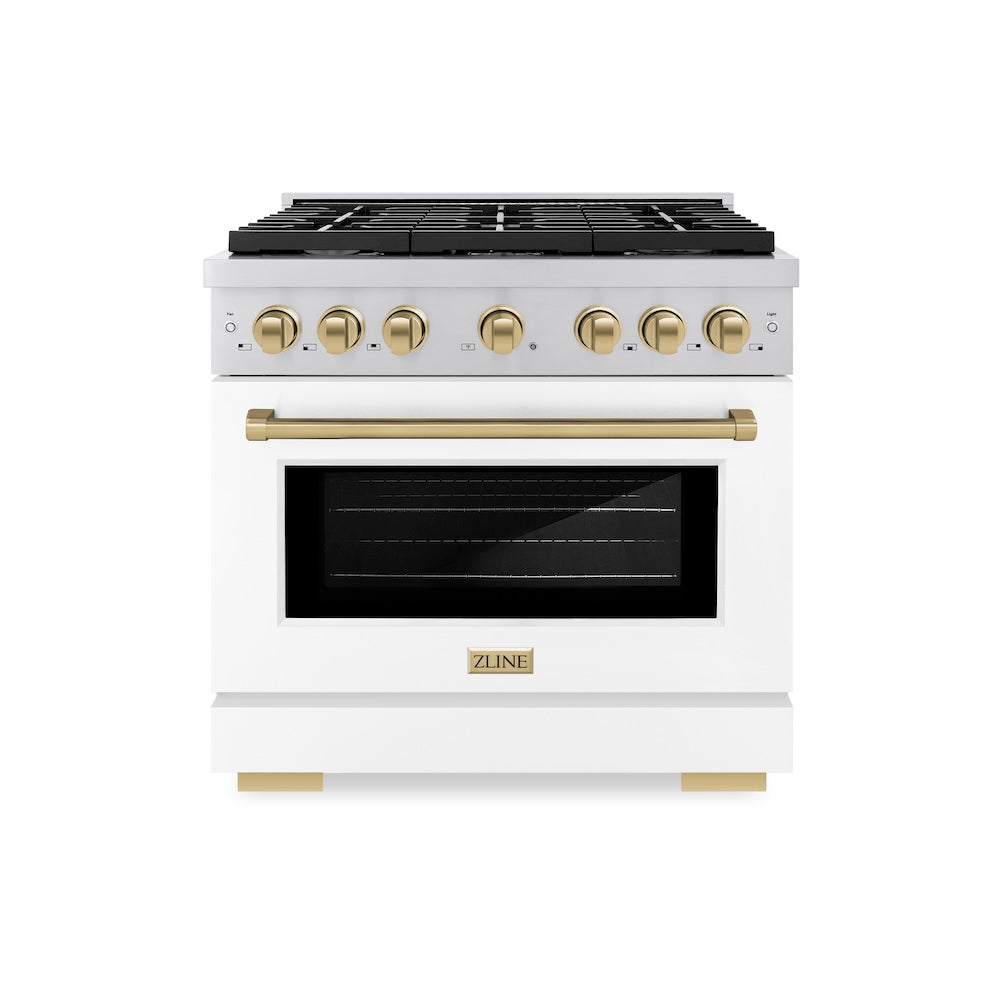 AutographEdition 36 in. 5.2 cu. ft. 6 Burner Gas Range with Convection Gas Oven in Stainless Steel with White Matte Door and Champagne Bronze Accents - (SGRZWM36CB) -