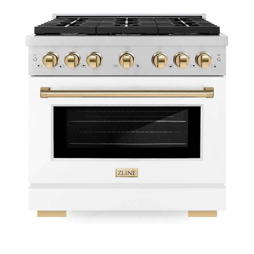 AutographEdition 36 in. 5.2 cu. ft. 6 Burner Gas Range with Convection Gas Oven in Stainless Steel with White Matte Door and Polished Gold Accents - (SGRZWM36G) -