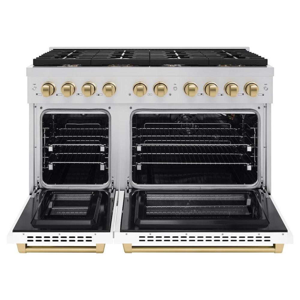 AutographEdition 48 in. 6.7 cu. ft. 8 Burner Double Oven Gas Range in Stainless Steel with White Matte Doors and Champagne Bronze Accents - (SGRZWM48CB) -