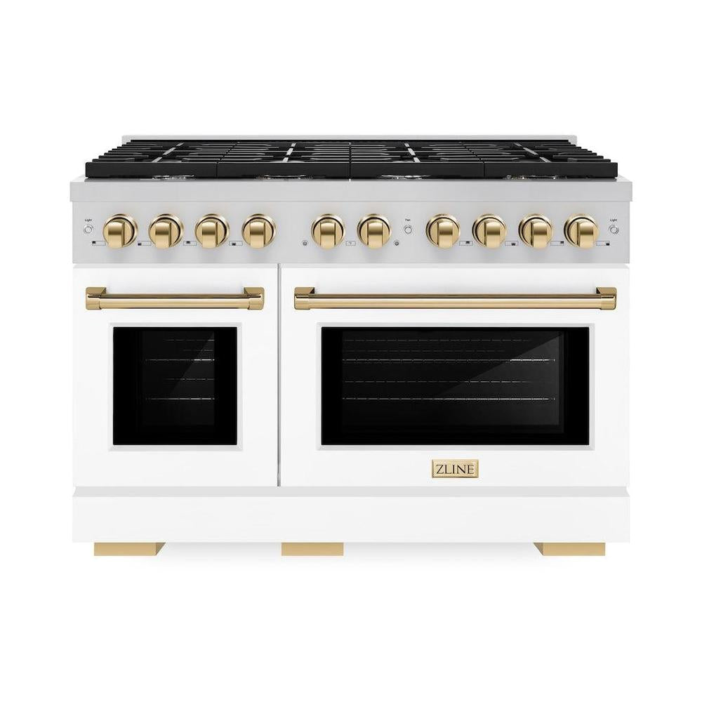 AutographEdition 48 in. 6.7 cu. ft. 8 Burner Double Oven Gas Range in Stainless Steel with White Matte Doors and Polished Gold Accents - (SGRZWM48G) -