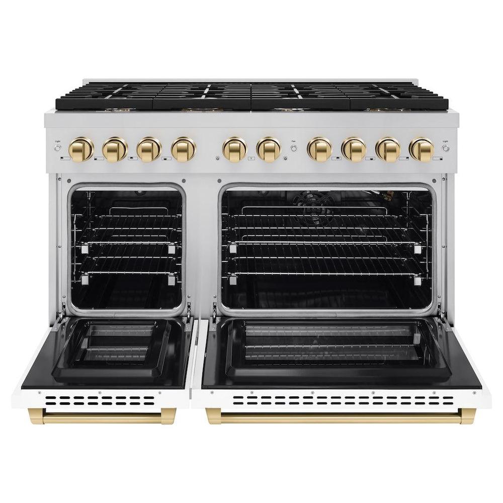 AutographEdition 48 in. 6.7 cu. ft. 8 Burner Double Oven Gas Range in Stainless Steel with White Matte Doors and Polished Gold Accents - (SGRZWM48G) -