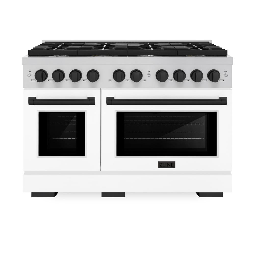 AutographEdition 48 in. 6.7 cu. ft. 8 Burner Double Oven Gas Range in Stainless Steel with White Matte Doors and Matte Black Accents - (SGRZWM48MB) -