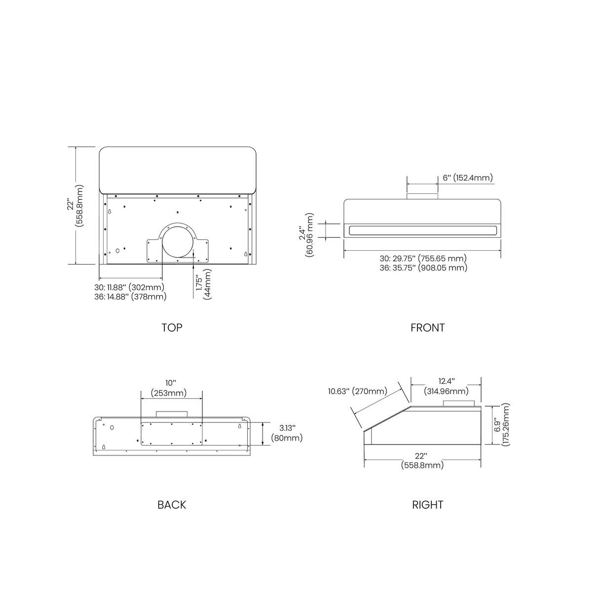 Vesta VRH-ALEXANDRIA-30SS range hood dimension diagram