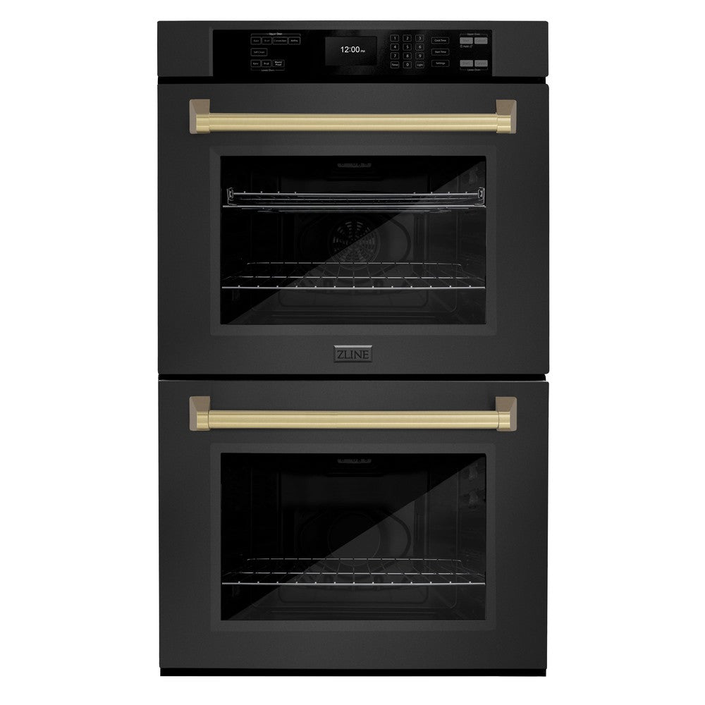ZLINE Autograph Edition 30 in. Professional True Convection Double Wall Oven with Air Fry and Self Clean in Black Stainless Steel with Champagne Bronze Handles (WADBZ-30-CB) - (WADBZ30CB) -