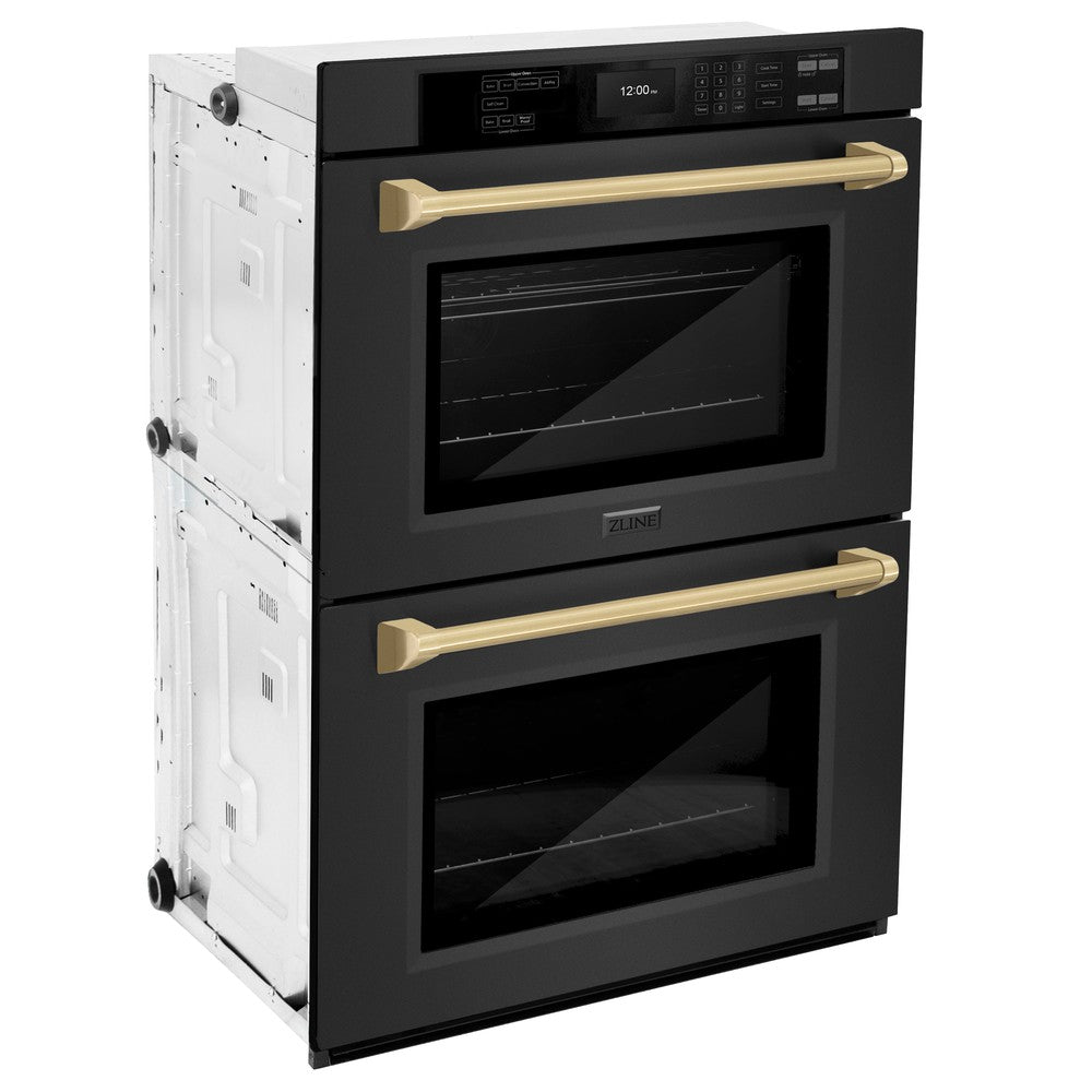 ZLINE Autograph Edition 30 in. Professional True Convection Double Wall Oven with Air Fry and Self Clean in Black Stainless Steel with Champagne Bronze Handles (WADBZ-30-CB) - (WADBZ30CB) -
