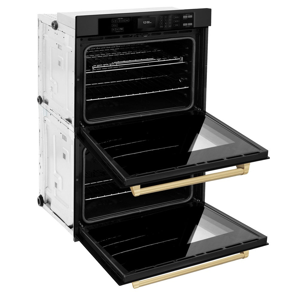 ZLINE Autograph Edition 30 in. Professional True Convection Double Wall Oven with Air Fry and Self Clean in Black Stainless Steel with Champagne Bronze Handles (WADBZ-30-CB) - (WADBZ30CB) -