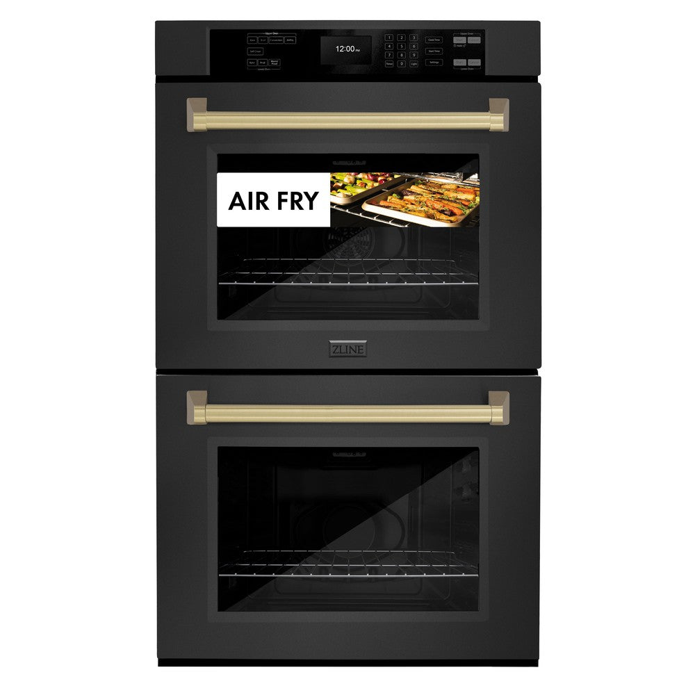 ZLINE Autograph Edition 30 in. Professional True Convection Double Wall Oven with Air Fry and Self Clean in Black Stainless Steel with Champagne Bronze Handles (WADBZ-30-CB) - (WADBZ30CB) -