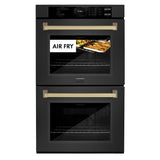 ZLINE Autograph Edition 30 in. Professional True Convection Double Wall Oven with Air Fry and Self Clean in Black Stainless Steel with Champagne Bronze Handles (WADBZ-30-CB) - (WADBZ30CB) -