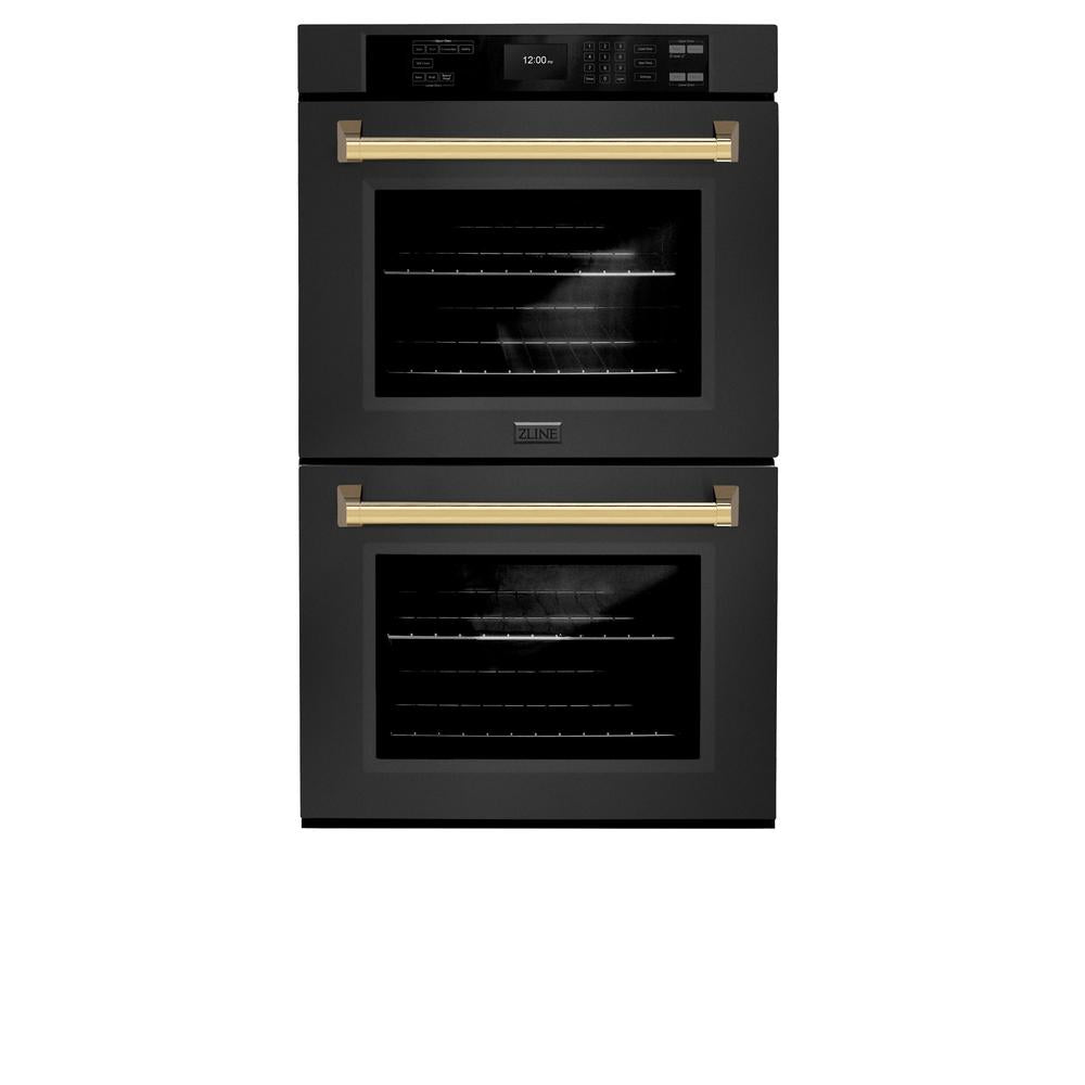 ZLINE Autograph Edition 30 in. Professional True Convection Double Wall Oven with Air Fry and Self Clean in Black Stainless Steel with Polished Gold Handles (WADBZ-30-G) - (WADBZ30G) -