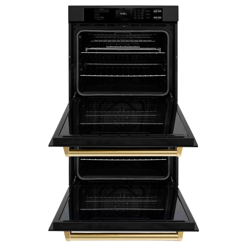 ZLINE Autograph Edition 30 in. Professional True Convection Double Wall Oven with Air Fry and Self Clean in Black Stainless Steel with Polished Gold Handles (WADBZ-30-G) - (WADBZ30G) -