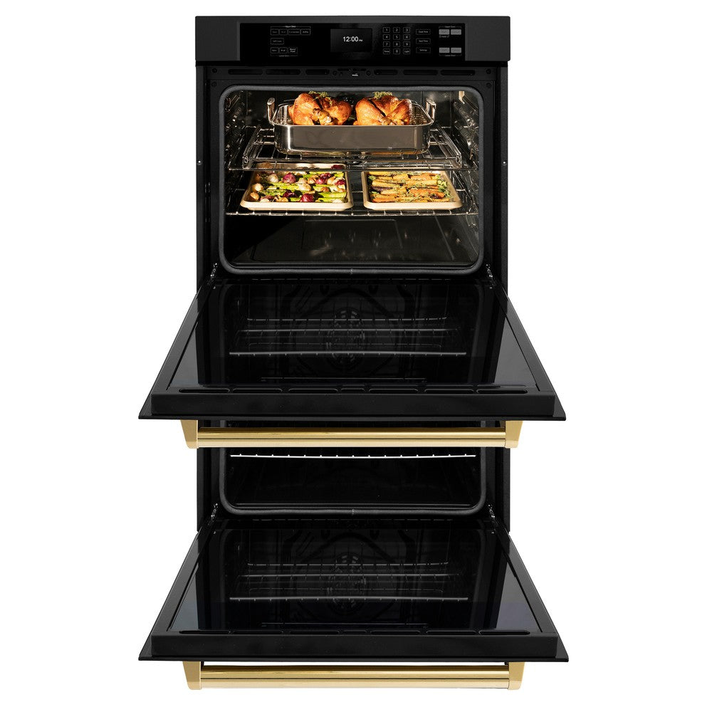 ZLINE Autograph Edition 30 in. Professional True Convection Double Wall Oven with Air Fry and Self Clean in Black Stainless Steel with Polished Gold Handles (WADBZ-30-G) - (WADBZ30G) -