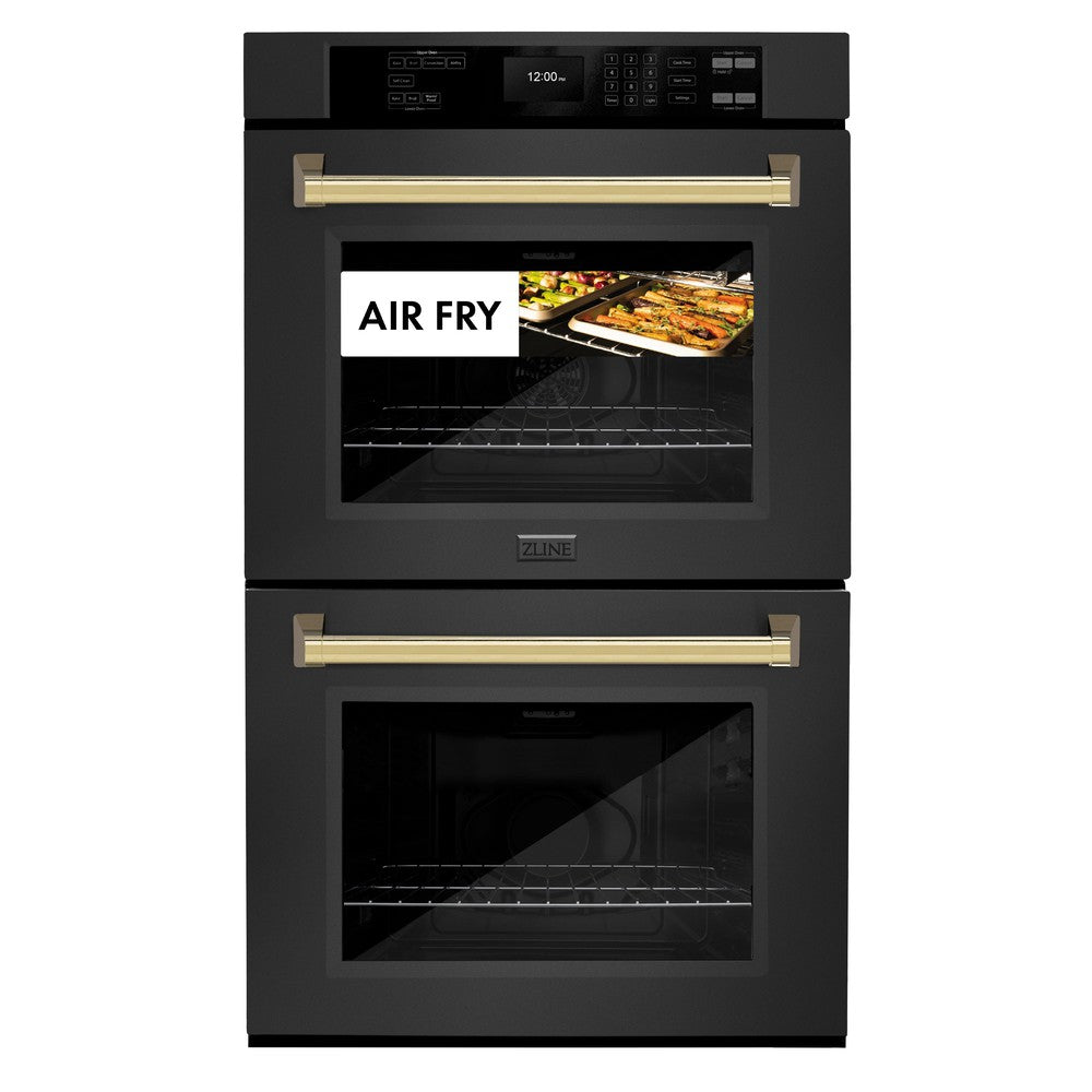 ZLINE Autograph Edition 30 in. Professional True Convection Double Wall Oven with Air Fry and Self Clean in Black Stainless Steel with Polished Gold Handles (WADBZ-30-G) - (WADBZ30G) -