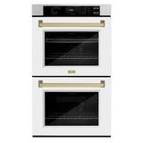 ZLINE Autograph Edition 30 in. Professional True Convection Double Wall Oven with Air Fry and Self Clean in Satin Stainless Steel with White Matte Doors and Champagne Bronze Handles (WADSZ-WM-30-CB) - (WADSZWM30CB) -