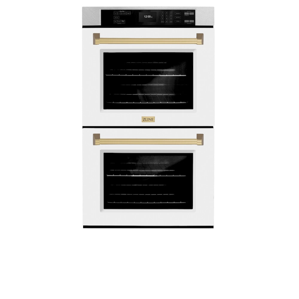 ZLINE Autograph Edition 30 in. Professional True Convection Double Wall Oven with Air Fry and Self Clean in Satin Stainless Steel with White Matte Doors and Champagne Bronze Handles (WADSZ-WM-30-CB) - (WADSZWM30CB) -