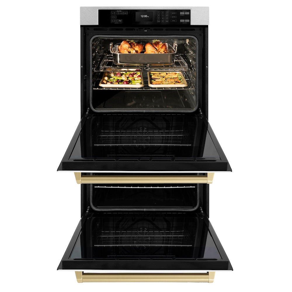 ZLINE Autograph Edition 30 in. Professional True Convection Double Wall Oven with Air Fry and Self Clean in Satin Stainless Steel with White Matte Doors and Champagne Bronze Handles (WADSZ-WM-30-CB) - (WADSZWM30CB) -