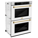 ZLINE Autograph Edition 30 in. Professional True Convection Double Wall Oven with Air Fry and Self Clean in Satin Stainless Steel with White Matte Doors and Champagne Bronze Handles (WADSZ-WM-30-CB) - (WADSZWM30CB) -