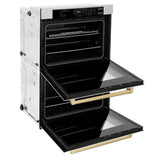 ZLINE Autograph Edition 30 in. Professional True Convection Double Wall Oven with Air Fry and Self Clean in Satin Stainless Steel with White Matte Doors and Champagne Bronze Handles (WADSZ-WM-30-CB) - (WADSZWM30CB) -