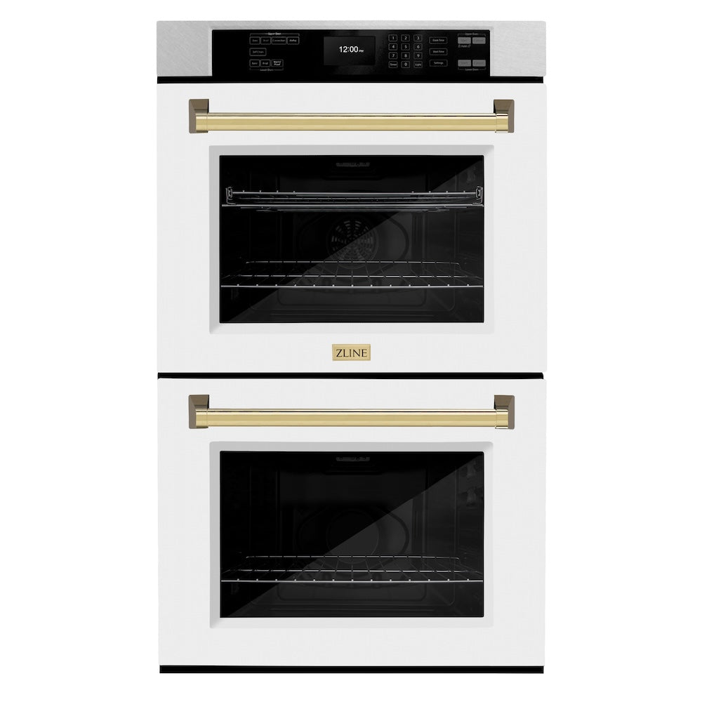ZLINE Autograph Edition 30 in. Professional True Convection Double Wall Oven with Air Fry and Self Clean in Satin Stainless Steel with White Matte Doors and Polished Gold Handles (WADSZ-WM-30-G) - (WADSZWM30G) -