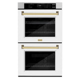 ZLINE Autograph Edition 30 in. Professional True Convection Double Wall Oven with Air Fry and Self Clean in Satin Stainless Steel with White Matte Doors and Polished Gold Handles (WADSZ-WM-30-G) - (WADSZWM30G) -