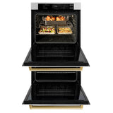 ZLINE Autograph Edition 30 in. Professional True Convection Double Wall Oven with Air Fry and Self Clean in Satin Stainless Steel with White Matte Doors and Polished Gold Handles (WADSZ-WM-30-G) - (WADSZWM30G) -