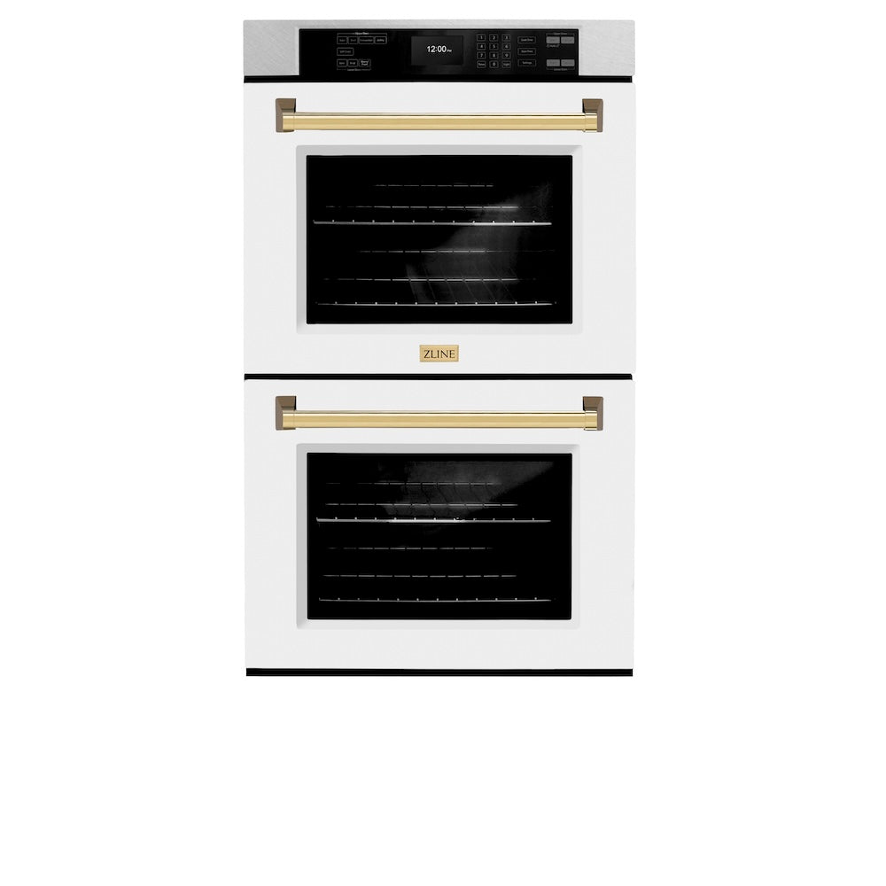 ZLINE Autograph Edition 30 in. Professional True Convection Double Wall Oven with Air Fry and Self Clean in Satin Stainless Steel with White Matte Doors and Polished Gold Handles (WADSZ-WM-30-G) - (WADSZWM30G) -