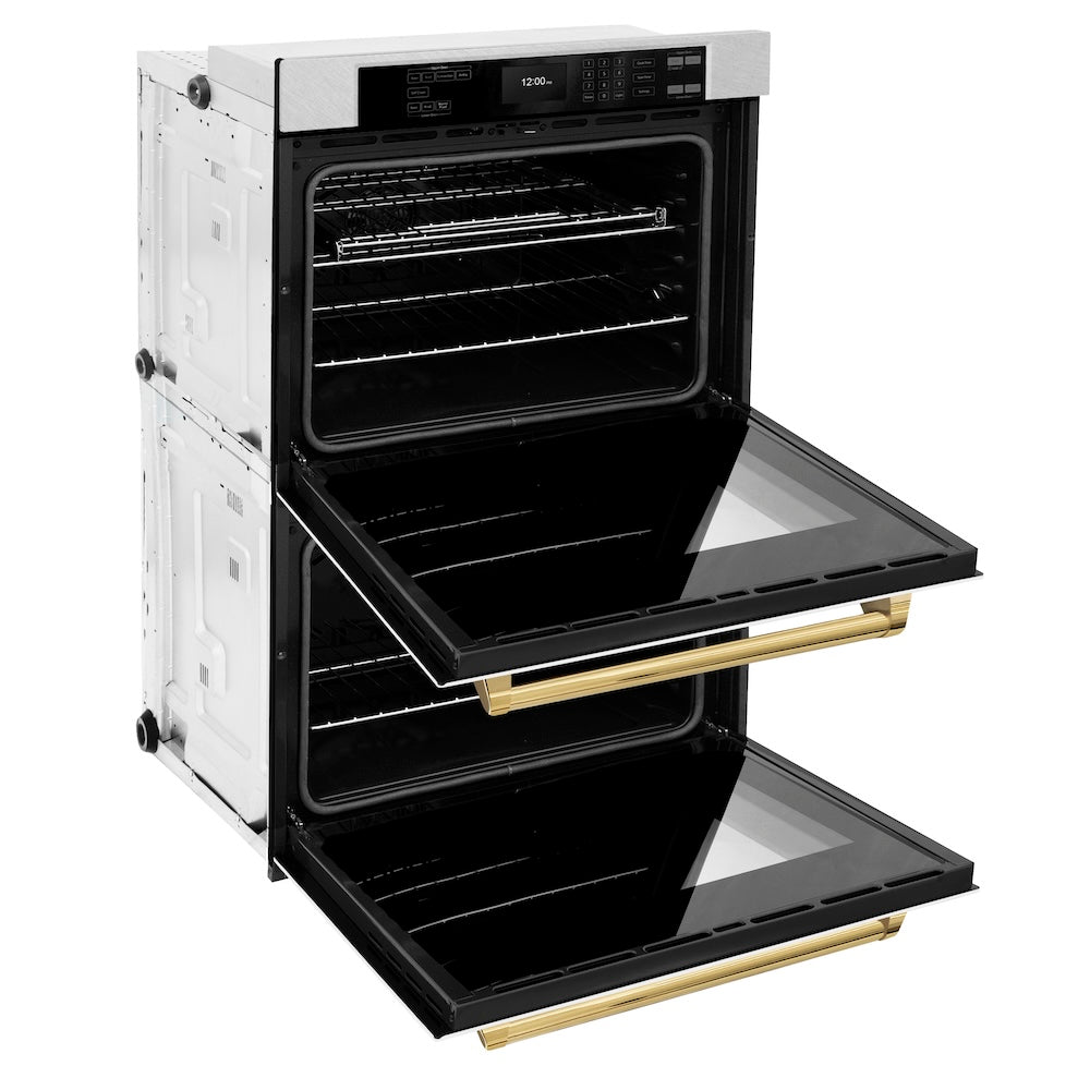 ZLINE Autograph Edition 30 in. Professional True Convection Double Wall Oven with Air Fry and Self Clean in Satin Stainless Steel with White Matte Doors and Polished Gold Handles (WADSZ-WM-30-G) - (WADSZWM30G) -