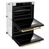 ZLINE Autograph Edition 30 in. Professional True Convection Double Wall Oven with Air Fry and Self Clean in Satin Stainless Steel with White Matte Doors and Polished Gold Handles (WADSZ-WM-30-G) - (WADSZWM30G) -