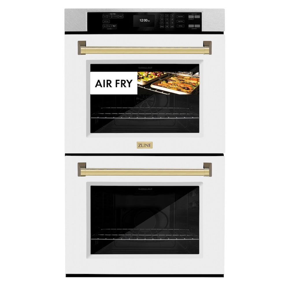 ZLINE Autograph Edition 30 in. Professional True Convection Double Wall Oven with Air Fry and Self Clean in Satin Stainless Steel with White Matte Doors and Polished Gold Handles (WADSZ-WM-30-G) - (WADSZWM30G) -