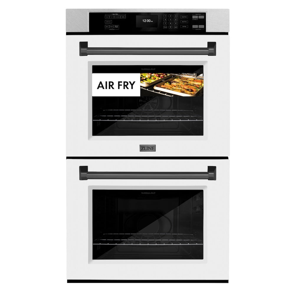 ZLINE Autograph Edition 30 in. Professional True Convection Double Wall Oven with Air Fry and Self Clean in Satin Stainless Steel with White Matte Doors and Matte Black Handles (WADSZ-WM-30-MB) - (WADSZWM30MB) -