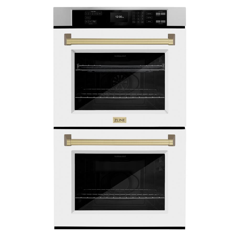 ZLINE Autograph Edition 30 in. Professional True Convection Double Wall Oven with Air Fry and Self Clean in Stainless Steel with White Matte Doors and Champagne Bronze Handles (WADZ-WM-30-CB) - (WADZWM30CB) -